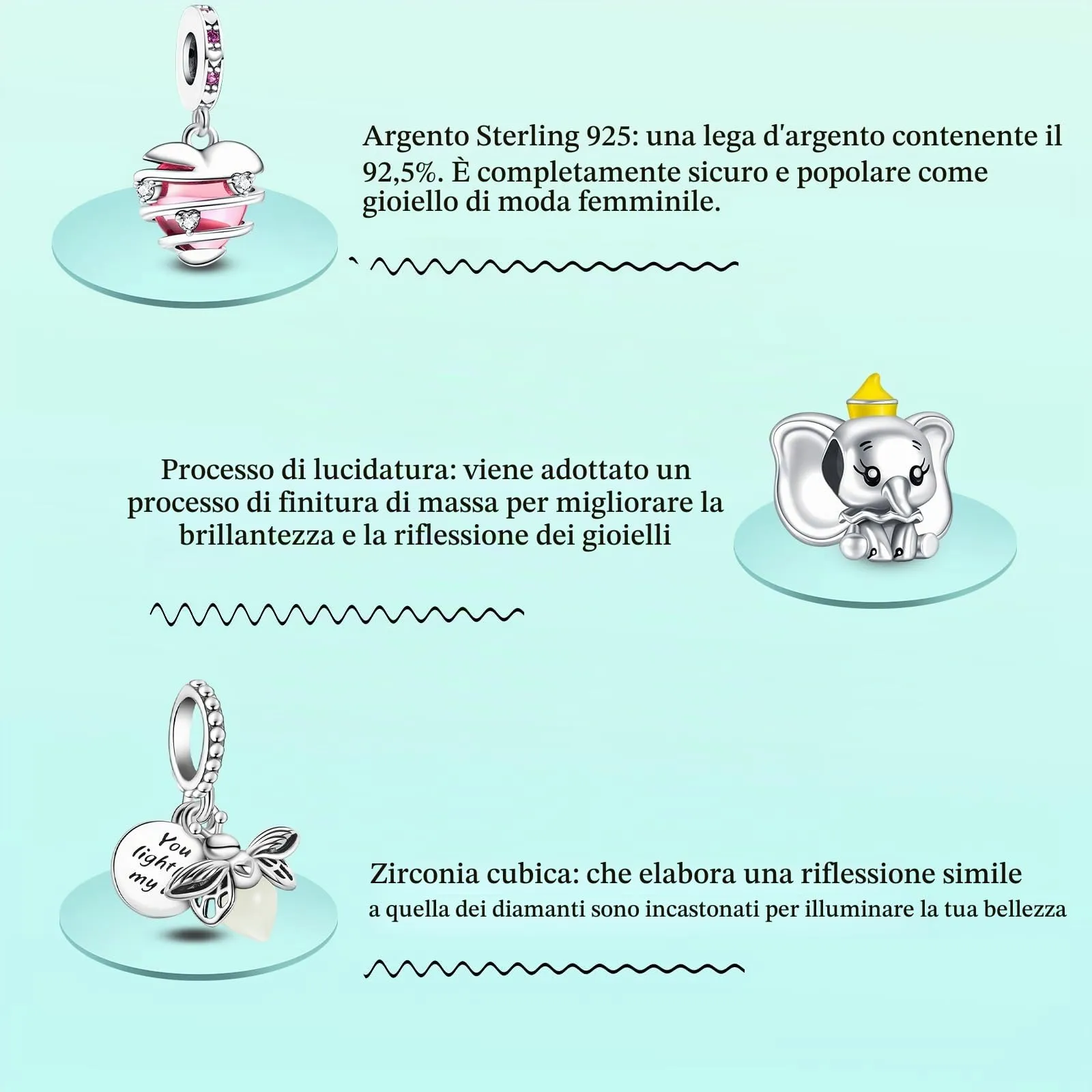 Annmors Ciondolo Argento Sterling 925 Charm Bead Compatibile Bracciale Collane Firefly Elephant Heart Perline zirconi Natale,San Valentino,festa della mamma,ciondoli regalo ragazze 3 pezzi/pacchetto - immagine 5