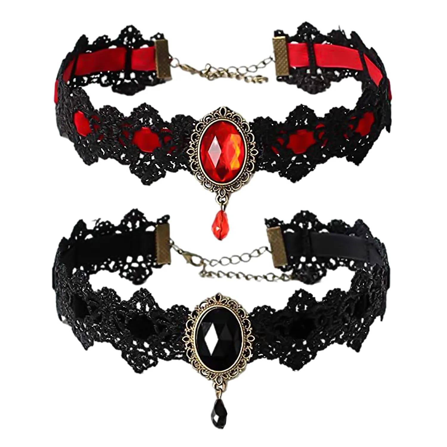 NyxSeat 2 collane gotiche in pizzo retrò con pietre preziose gotiche per Halloween, gioielli da donna (nero + rosso) 32+5 cm in resina opaca - immagine 1
