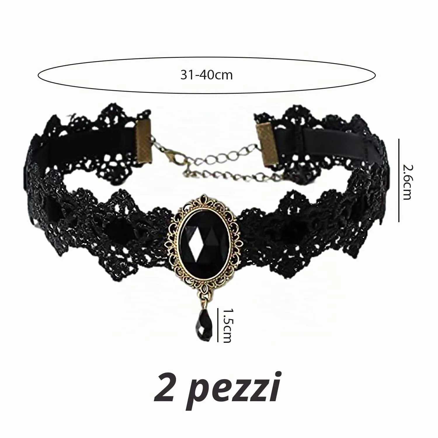 NyxSeat 2 collane gotiche in pizzo retrò con pietre preziose gotiche per Halloween, gioielli da donna (nero + rosso) 32+5 cm in resina opaca - immagine 2