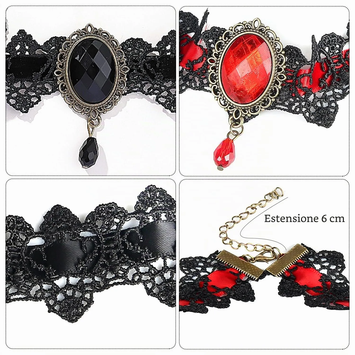 NyxSeat 2 collane gotiche in pizzo retrò con pietre preziose gotiche per Halloween, gioielli da donna (nero + rosso) 32+5 cm in resina opaca - immagine 3