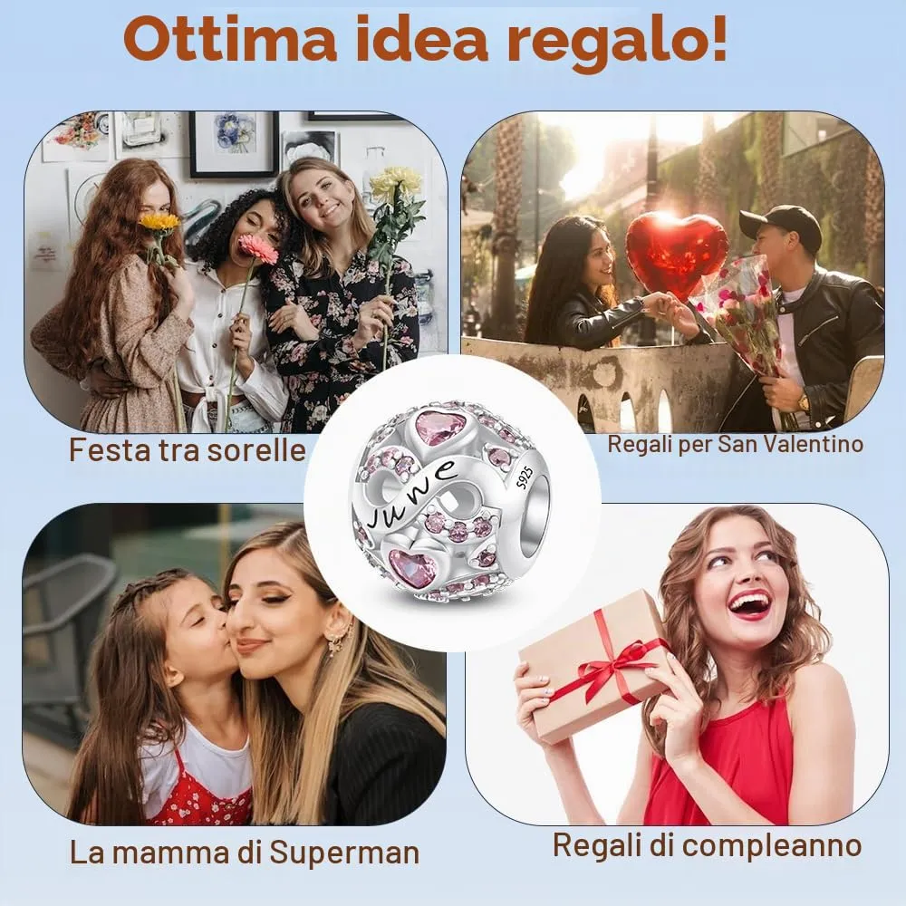 Charms di Pietra di Nascita per Braccialetti Europei Collana,Charm Compatibili Pandora,Charm Donna Argento Sterling 925 Openwork Ciondolo Regali di Compleanno per le Bead Charm da donna - immagine 7
