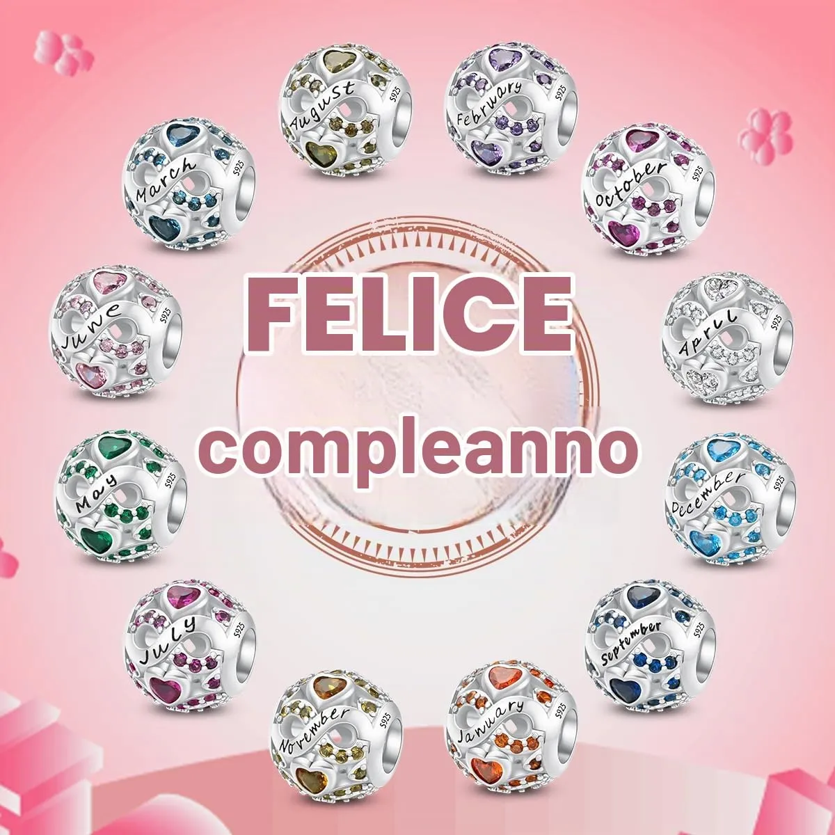 Charms di Pietra di Nascita per Braccialetti Europei Collana,Charm Compatibili Pandora,Charm Donna Argento Sterling 925 Openwork Ciondolo Regali di Compleanno per le Bead Charm da donna - immagine 2