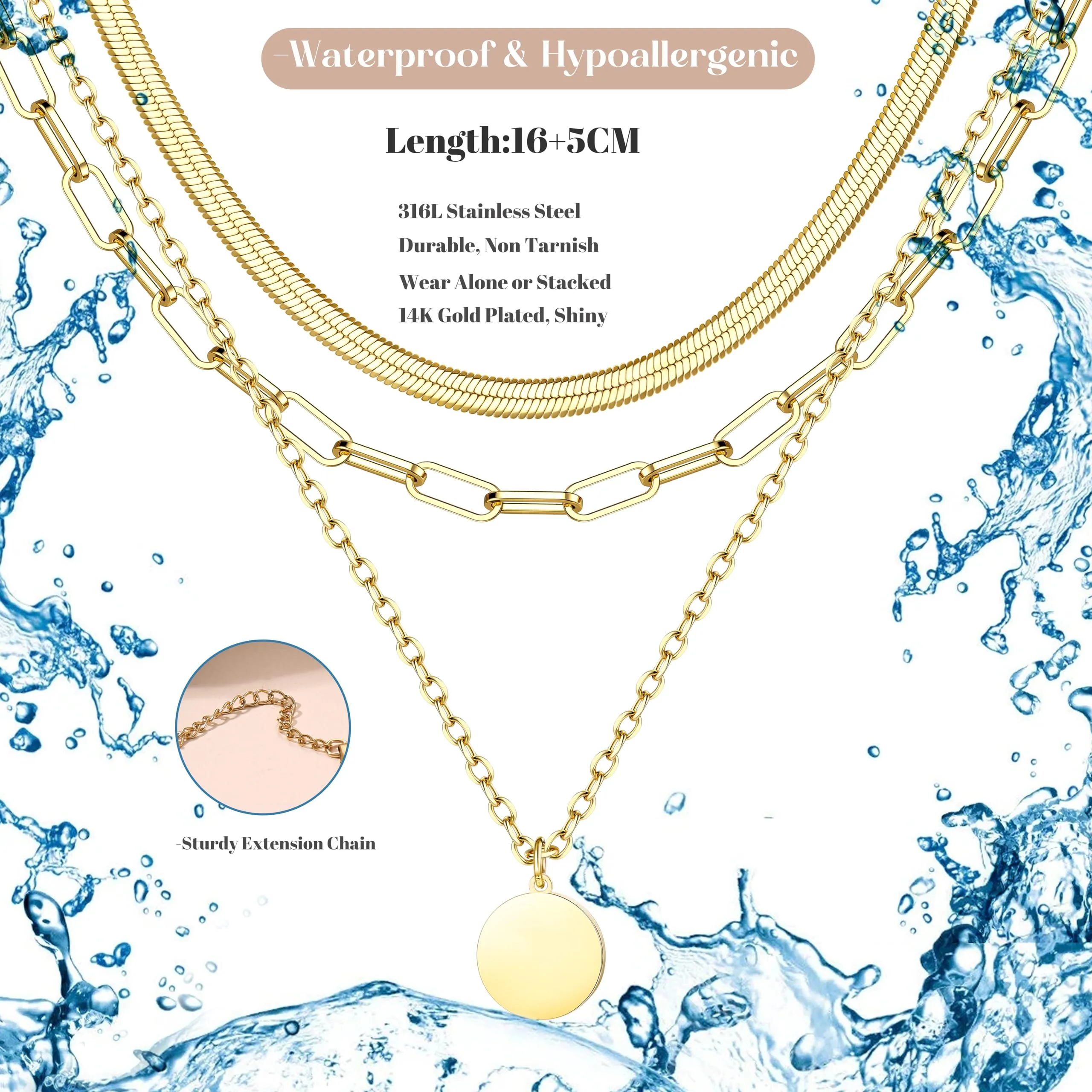 Adramata 3Pcs Collana Donna Acciaio Inossidabile Set Girocollo Pendenti - immagine 2