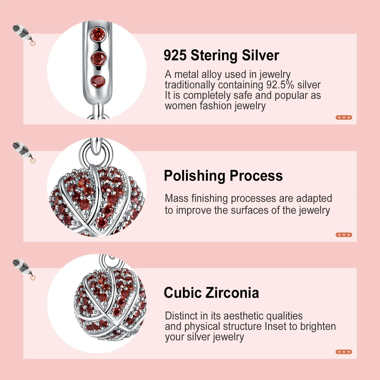 Annmors Ciondolo Argento Sterling 925 Charm Bead Compatibile Bracciale e Collane Europei Red Beach Volleyball Perline zirconi 5A Natale,San Valentino,festa della mamma,ciondoli regalo donne e ragazze - immagine 4
