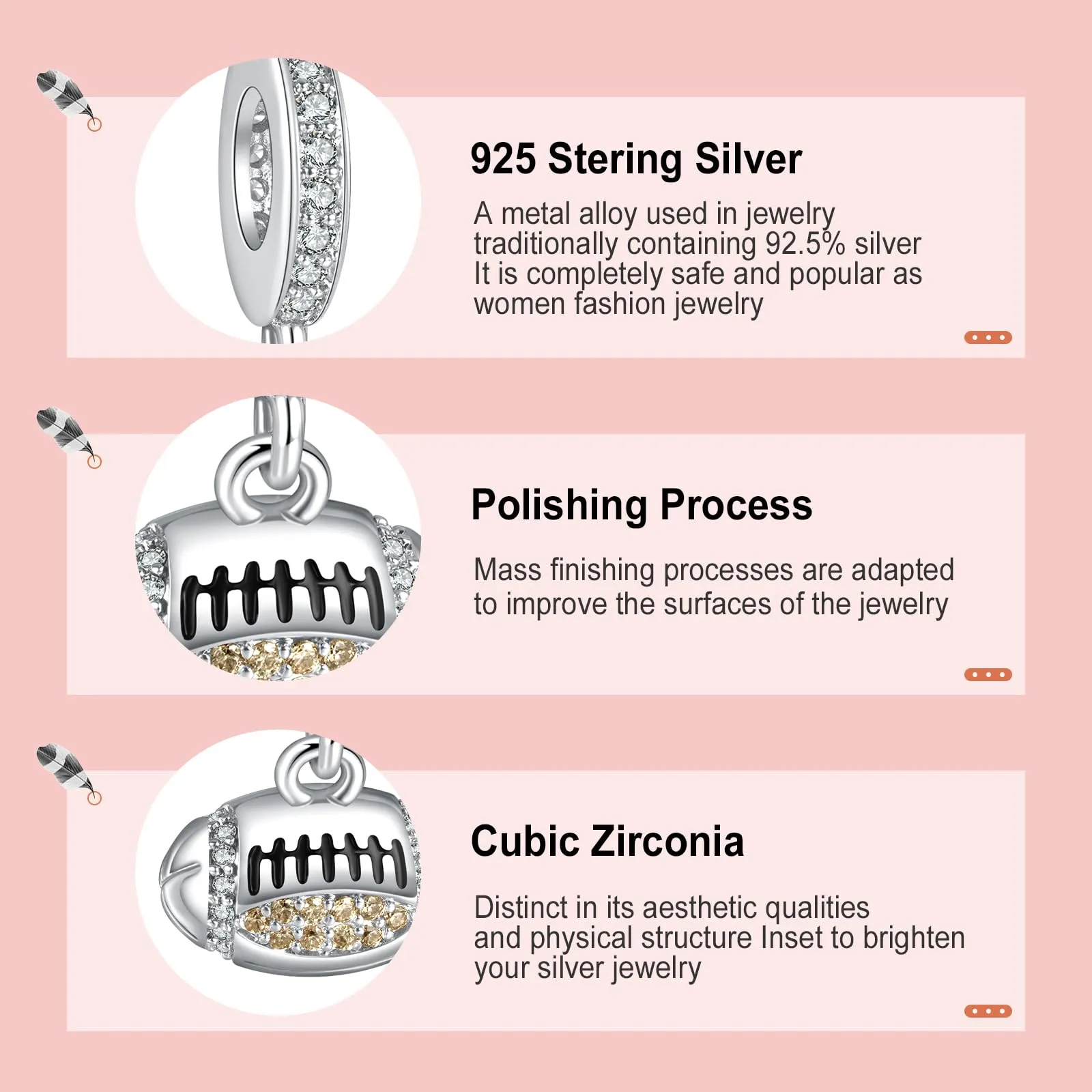 Annmors Ciondolo Argento Sterling 925 Charm Bead Compatibile Bracciale e Collane Europei Silver Baseball Perline zirconi 5A Natale,San Valentino,festa della mamma,ciondoli regalo per donne e ragazze - immagine 4