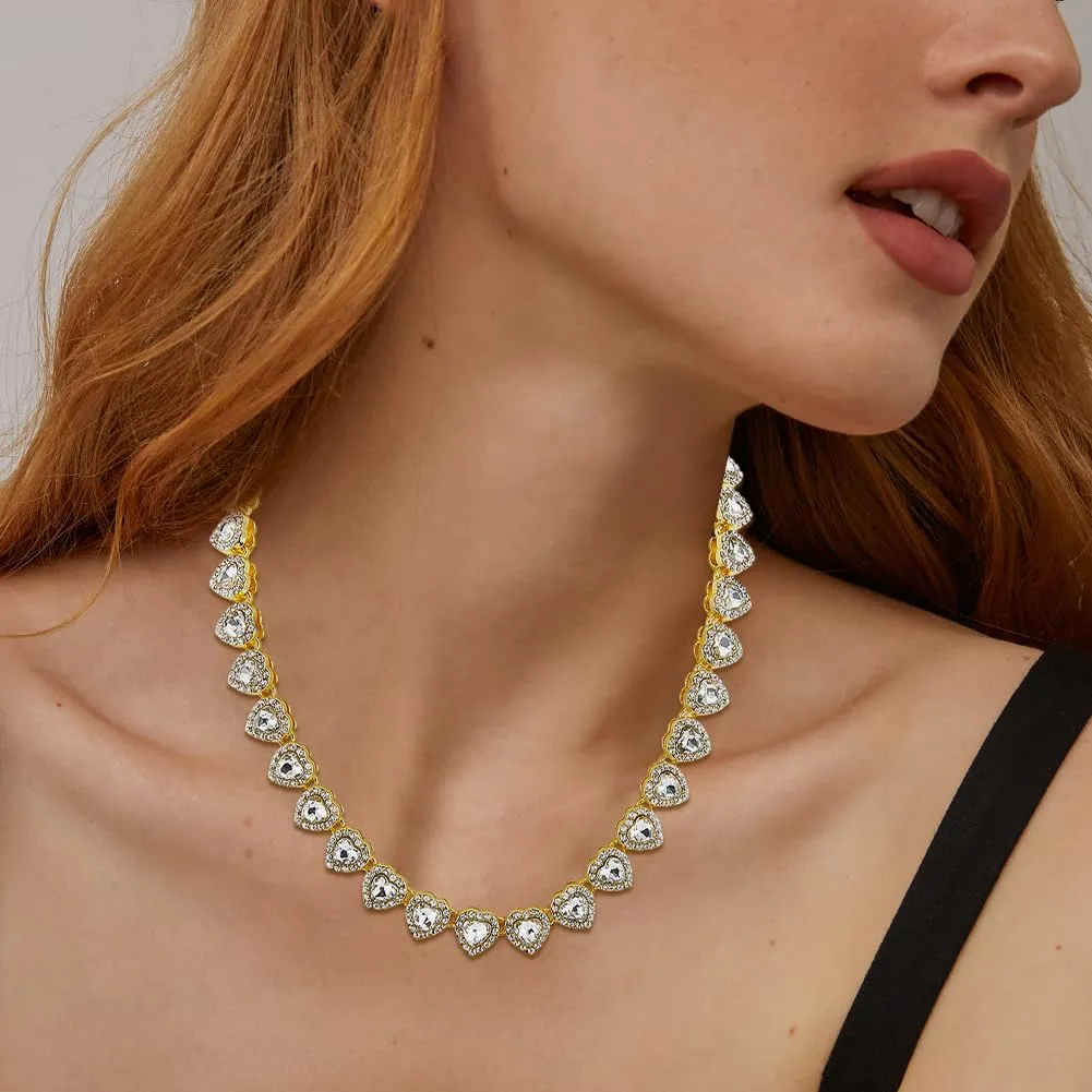 SOFPLATE 1 scatola Da 15.83 pollici/40.2cm Collana Da Tennis con Strass In Oro Zirconi Cubici Catena Da Tennis A Forma di Cuore Vetro Diamante Lega Lucida Collana Decorativa A Strati Ghiacciata per Fe - immagine 6