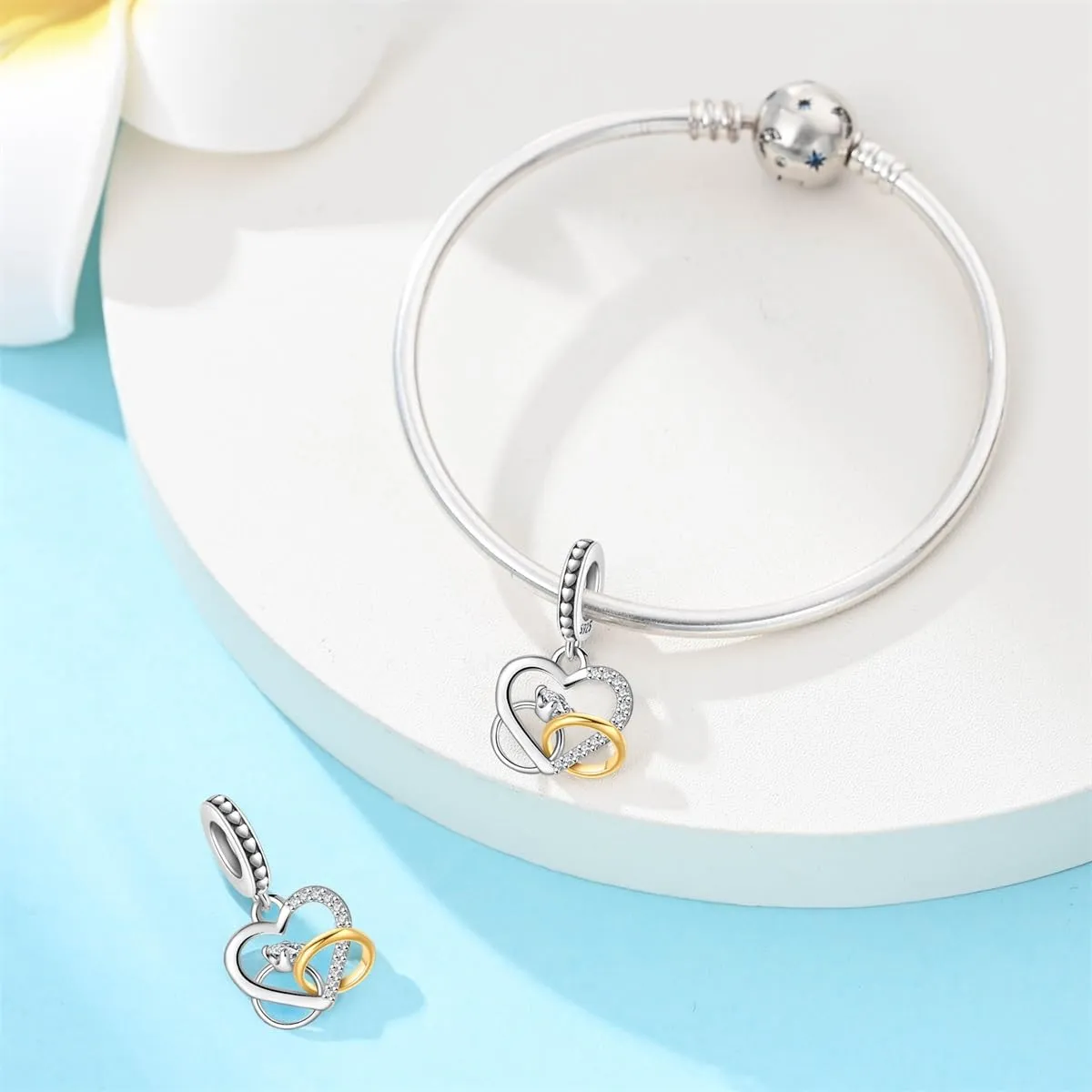 SOUTHPLUS Ciondoli Argento Sterling 925 con Cubic Zirconia Pendenti,Charms per Bracciali,con Braccialetti e Collane Europei, Perfetto Regali per Moglie e Ragazze (Cuore Doppio) - immagine 3