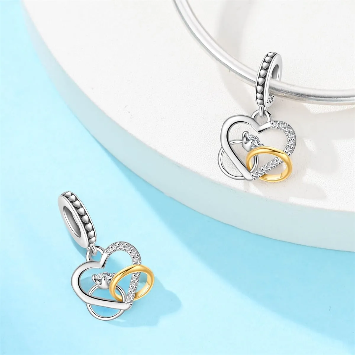 SOUTHPLUS Ciondoli Argento Sterling 925 con Cubic Zirconia Pendenti,Charms per Bracciali,con Braccialetti e Collane Europei, Perfetto Regali per Moglie e Ragazze (Cuore Doppio) - immagine 4