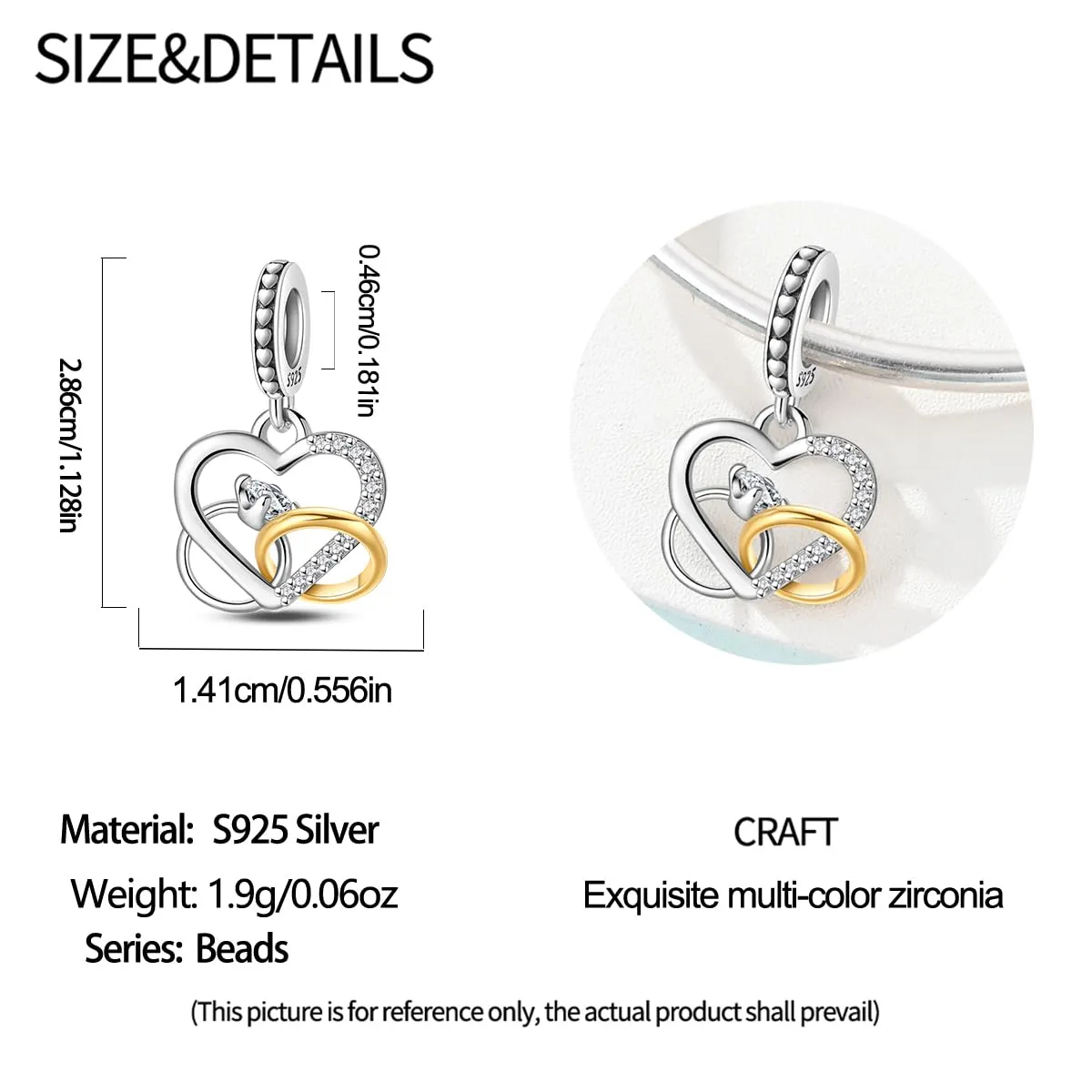 SOUTHPLUS Ciondoli Argento Sterling 925 con Cubic Zirconia Pendenti,Charms per Bracciali,con Braccialetti e Collane Europei, Perfetto Regali per Moglie e Ragazze (Cuore Doppio) - immagine 6