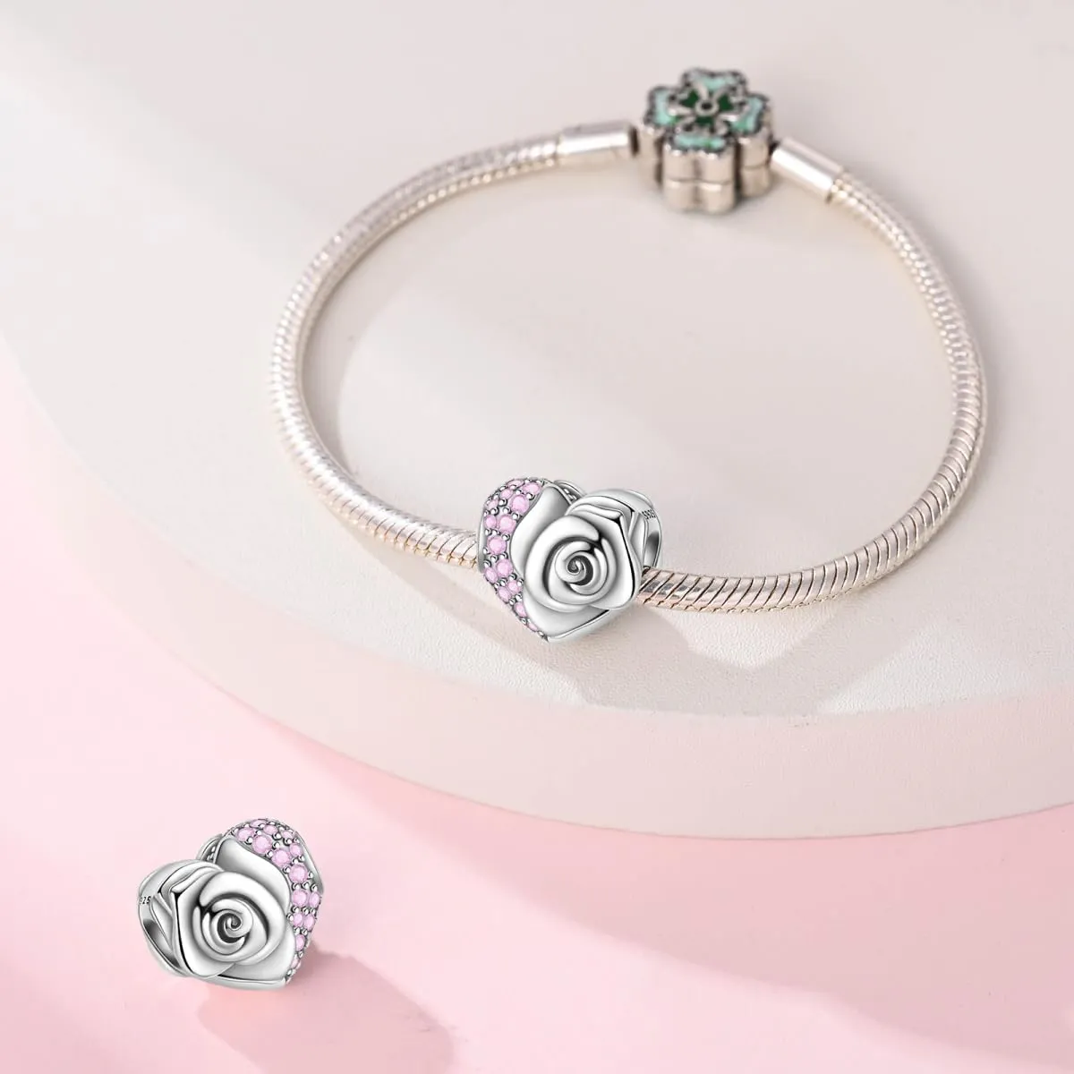 SOUTHPLUS Ciondoli Argento Sterling 925 con Cubic Zirconia Pendenti,Charms per Bracciali,con Braccialetti e Collane Europei, Perfetto Regali per Moglie e Ragazze (Cuore Rosa) - immagine 3