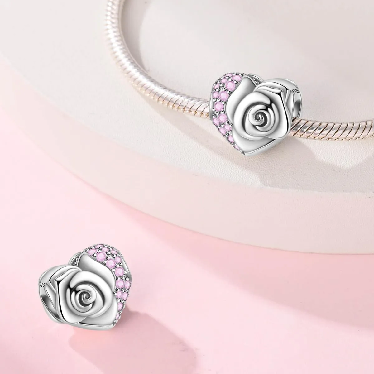 SOUTHPLUS Ciondoli Argento Sterling 925 con Cubic Zirconia Pendenti,Charms per Bracciali,con Braccialetti e Collane Europei, Perfetto Regali per Moglie e Ragazze (Cuore Rosa) - immagine 4