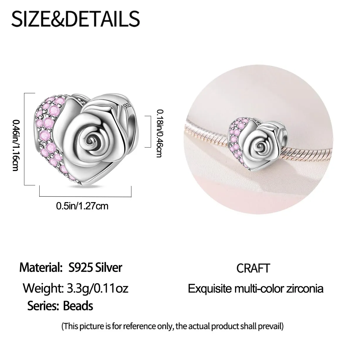 SOUTHPLUS Ciondoli Argento Sterling 925 con Cubic Zirconia Pendenti,Charms per Bracciali,con Braccialetti e Collane Europei, Perfetto Regali per Moglie e Ragazze (Cuore Rosa) - immagine 6