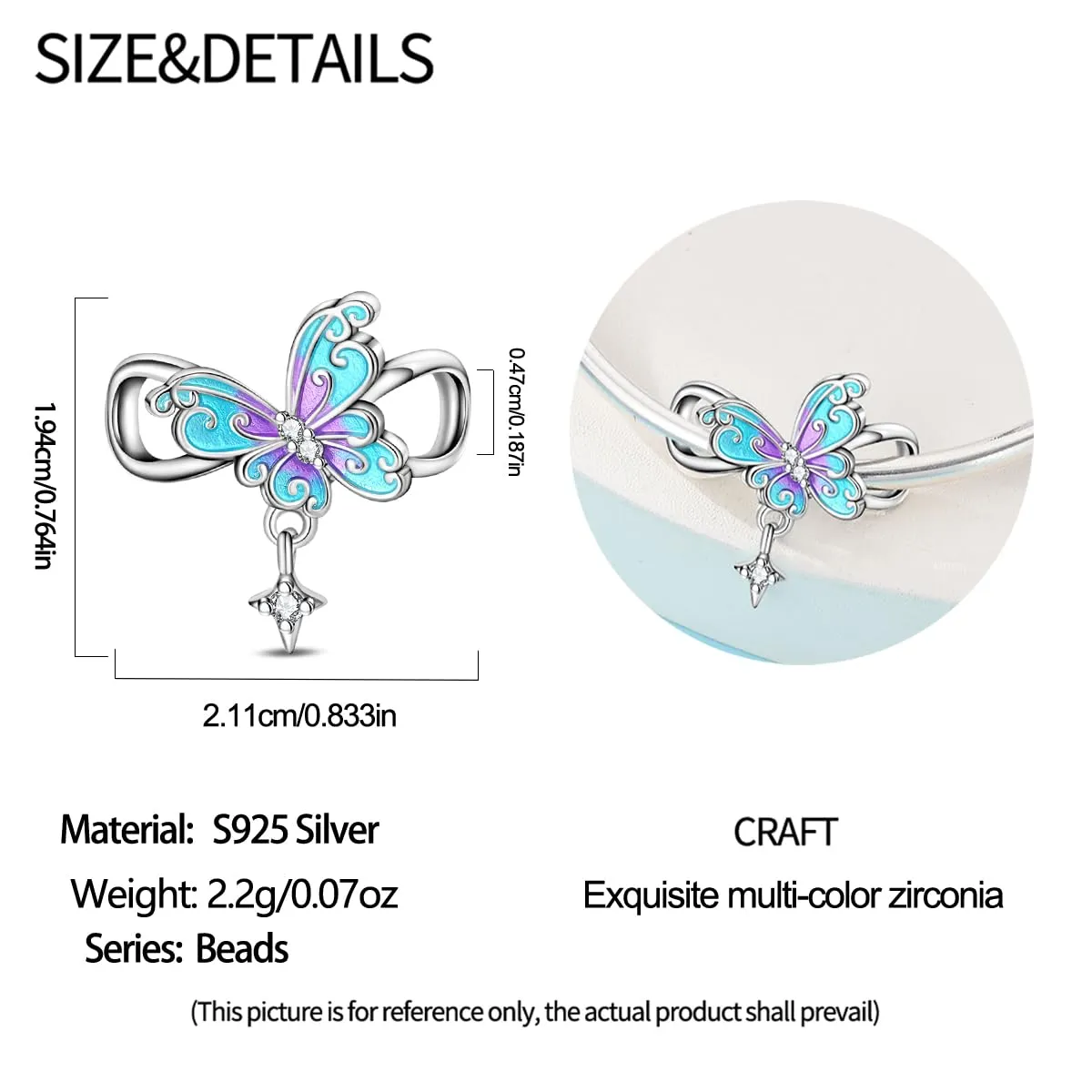 SOUTHPLUS Ciondoli Argento Sterling 925 con Cubic Zirconia Pendenti,Charms per Bracciali,con Braccialetti e Collane Europei, Perfetto Regali per Moglie e Ragazze (Blue Farfall) - immagine 2