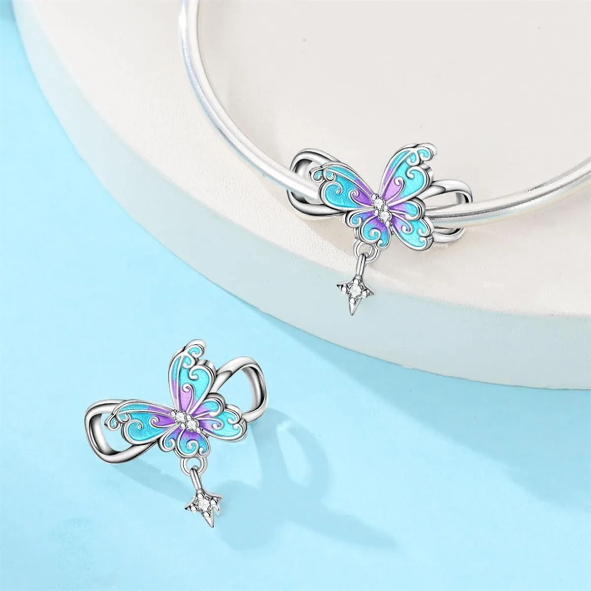 SOUTHPLUS Ciondoli Argento Sterling 925 con Cubic Zirconia Pendenti,Charms per Bracciali,con Braccialetti e Collane Europei, Perfetto Regali per Moglie e Ragazze (Blue Farfall) - immagine 5
