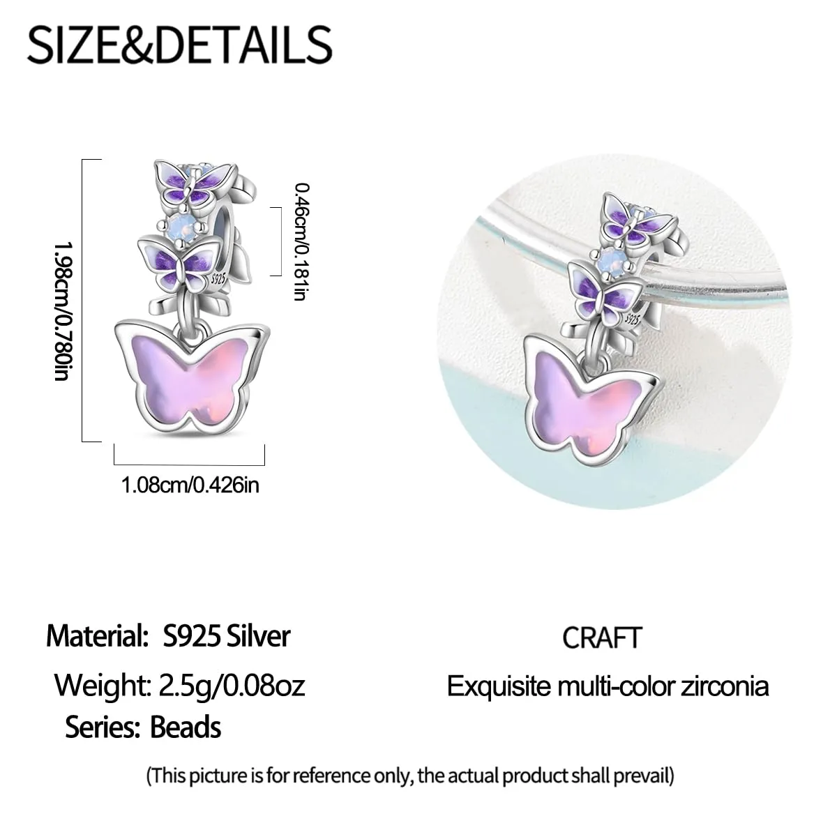 SOUTHPLUS Ciondoli Argento Sterling 925 con Cubic Zirconia Pendenti,Charms per Bracciali,con Braccialetti e Collane Europei, Perfetto Regali per Moglie e Ragazze (Rosa Farfalla) - immagine 2