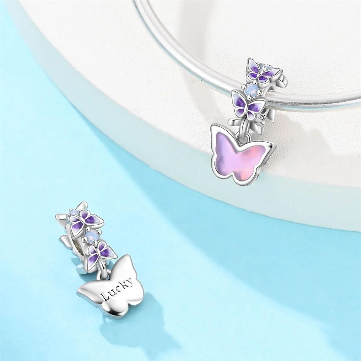 SOUTHPLUS Ciondoli Argento Sterling 925 con Cubic Zirconia Pendenti,Charms per Bracciali,con Braccialetti e Collane Europei, Perfetto Regali per Moglie e Ragazze (Rosa Farfalla) - immagine 5