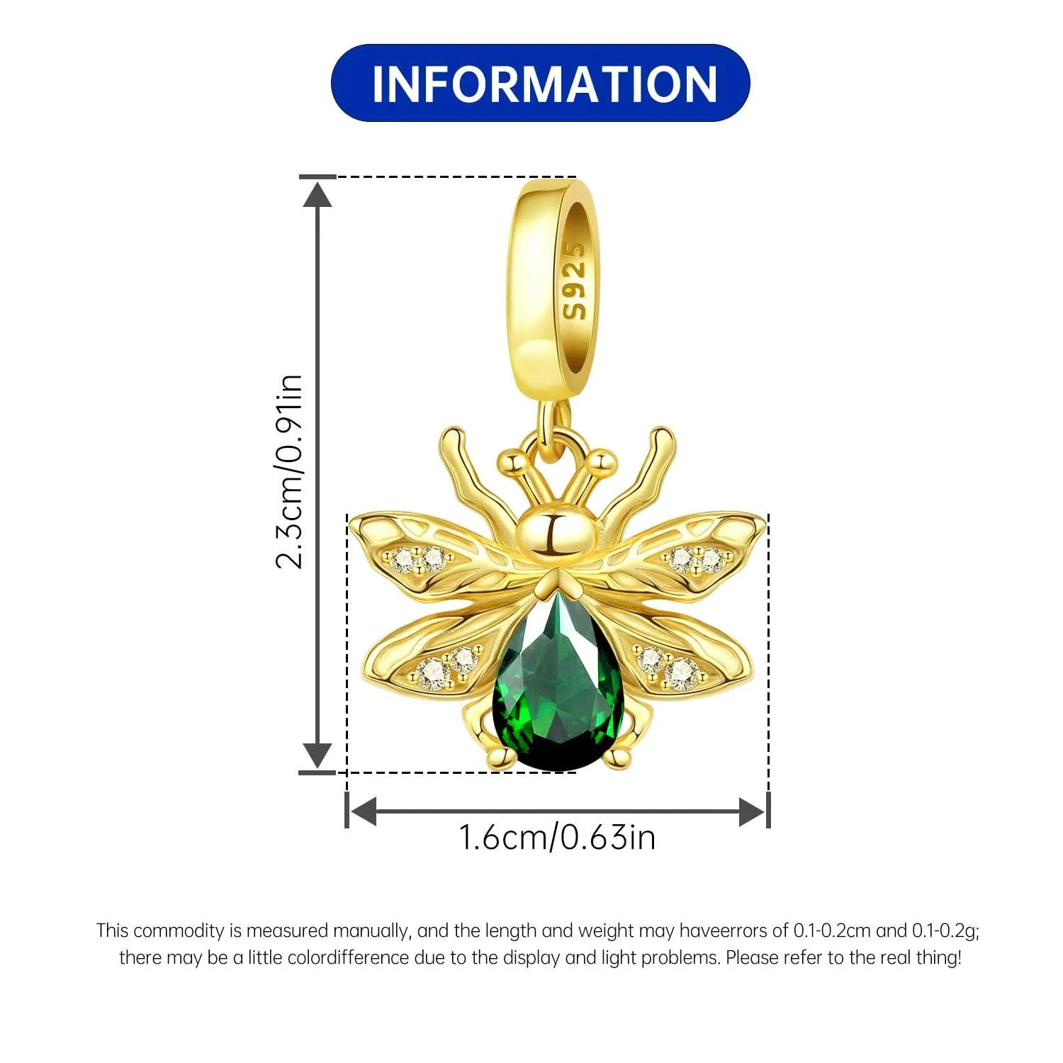 SOUTHPLUS Ciondoli Argento Sterling 925 con Cubic Zirconia Pendenti,Charms per Bracciali,con Braccialetti e Collane Europei, Perfetto Regali per Moglie e Ragazze (Lucciola Verde) - immagine 4