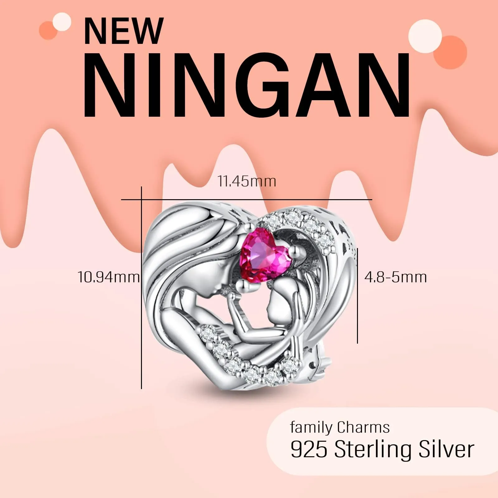 SOUTHPLUS Ciondoli Argento Sterling 925 con Cubic Zirconia Pendenti,Charms per Bracciali,con Braccialetti e Collane Europei, Perfetto Regali per Moglie e Ragazze (Cuore Argento Madre) - immagine 2