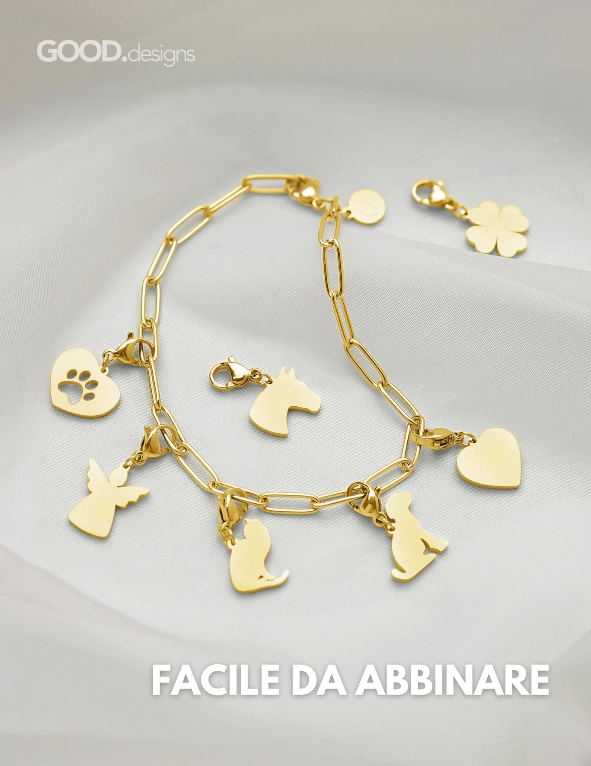 GD GOOD.designs Charms ciondolo cavallo con chiusura a moschettone | Ciondolo per collana in acciaio inox 316L | Charm per bracciale, placcato oro 18K | Resistente all'acqua - immagine 3