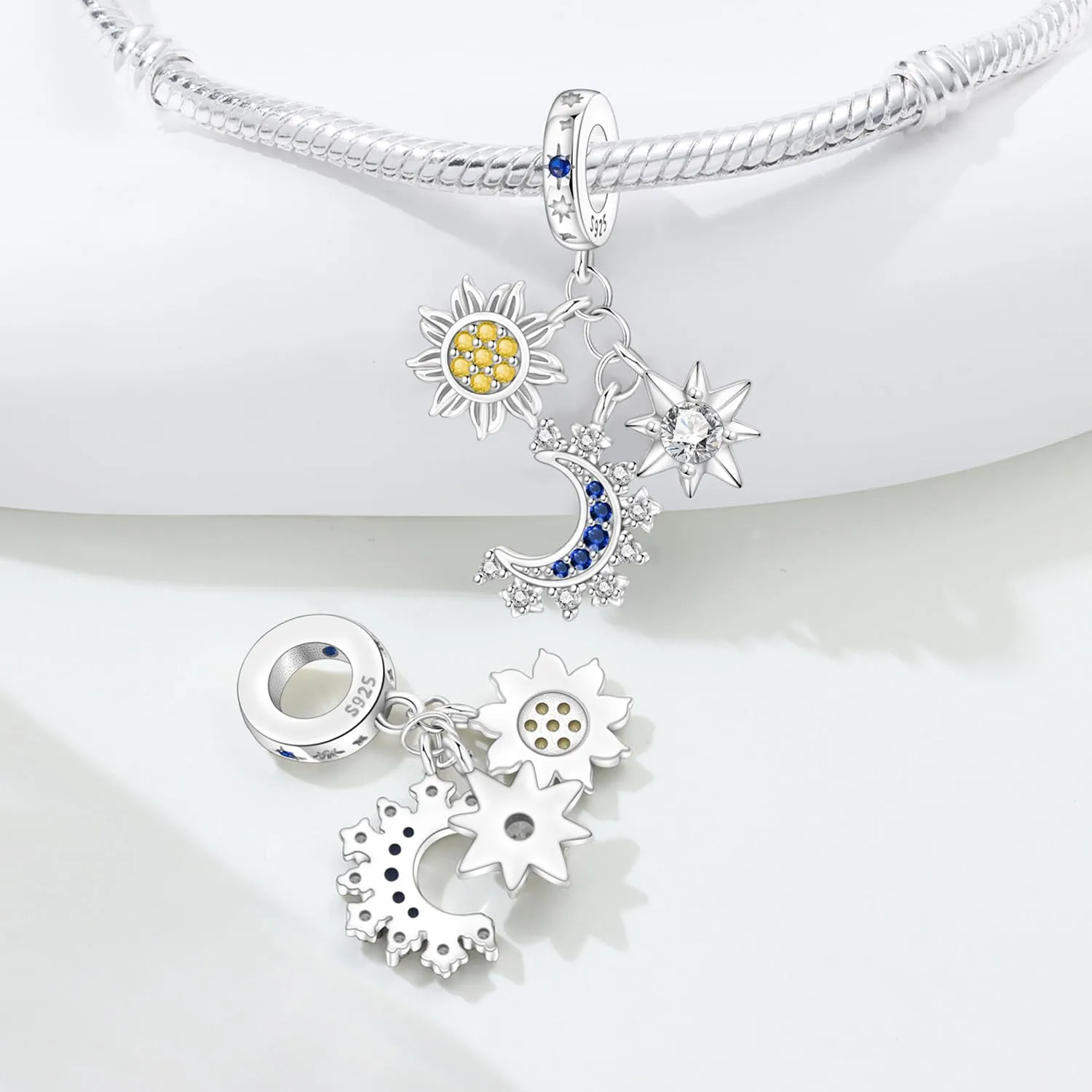 SOUTHPLUS Ciondoli Argento Sterling 925 con Cubic Zirconia Pendenti,Charms per Bracciali,con Braccialetti e Collane Europei, Perfetto Regali per Moglie e Ragazze (Stelle Luna Con Sole) - immagine 2