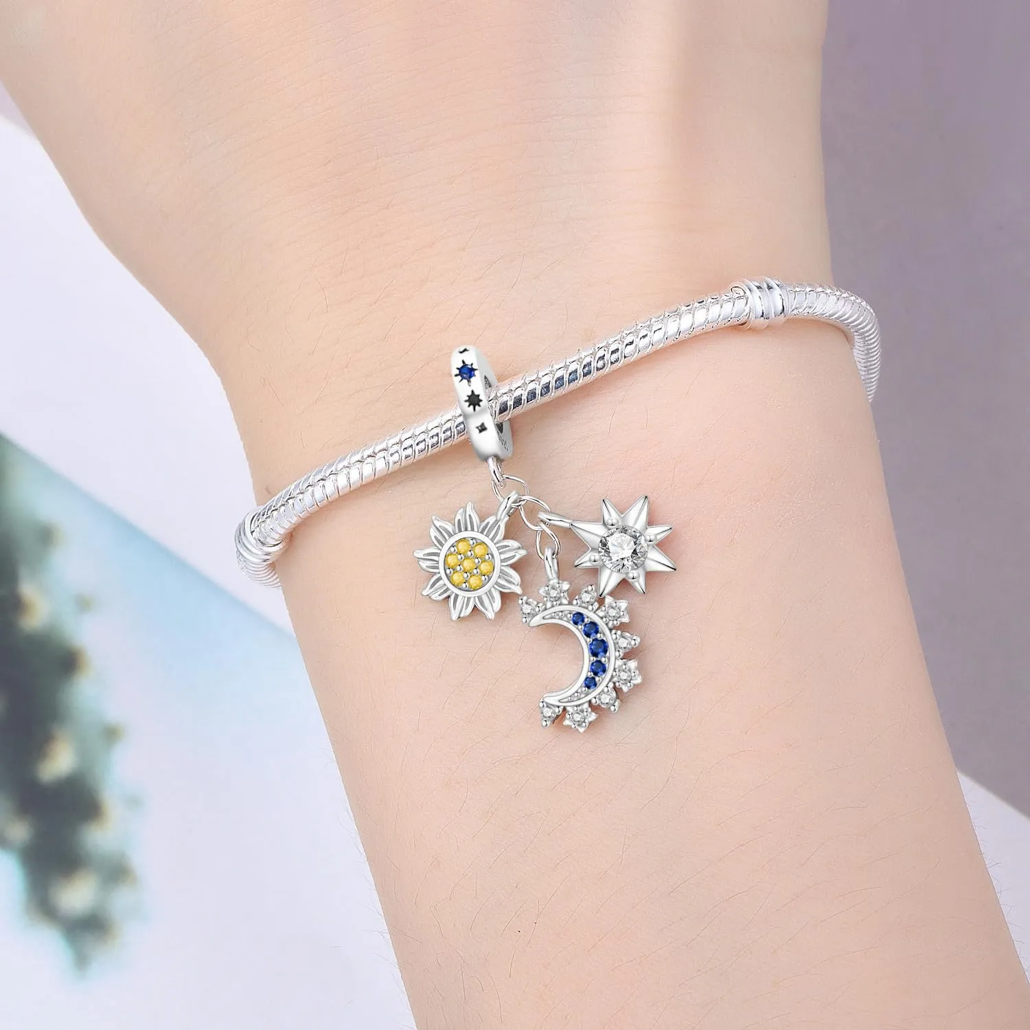 SOUTHPLUS Ciondoli Argento Sterling 925 con Cubic Zirconia Pendenti,Charms per Bracciali,con Braccialetti e Collane Europei, Perfetto Regali per Moglie e Ragazze (Stelle Luna Con Sole) - immagine 5