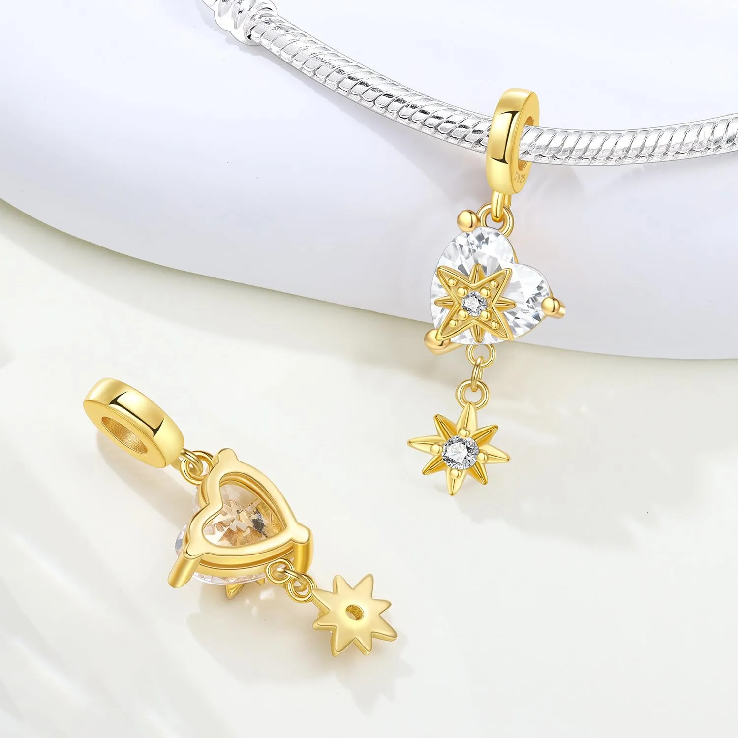 SOUTHPLUS Ciondoli Argento Sterling 925 con Cubic Zirconia Pendenti,Charms per Bracciali,con Braccialetti e Collane Europei, Perfetto Regali per Moglie e Ragazze (Cuore Stella) - immagine 2
