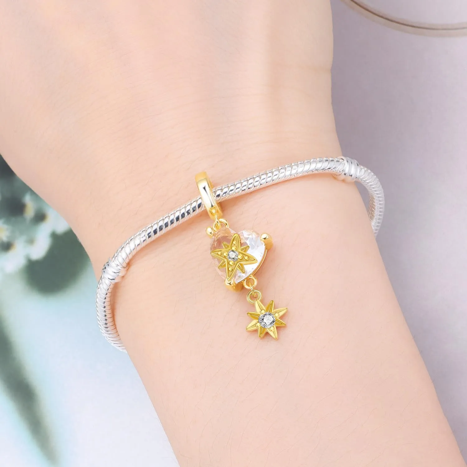 SOUTHPLUS Ciondoli Argento Sterling 925 con Cubic Zirconia Pendenti,Charms per Bracciali,con Braccialetti e Collane Europei, Perfetto Regali per Moglie e Ragazze (Cuore Stella) - immagine 5