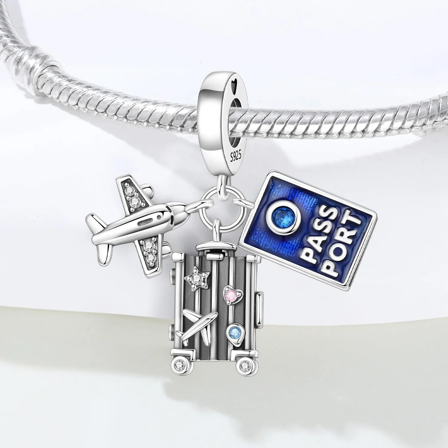 SOUTHPLUS Ciondoli Argento Sterling 925 con Cubic Zirconia Pendenti,Charms per Bracciali,con Braccialetti e Collane Europei, Perfetto Regali per Moglie e Ragazze (Valigia Aereo) - immagine 2