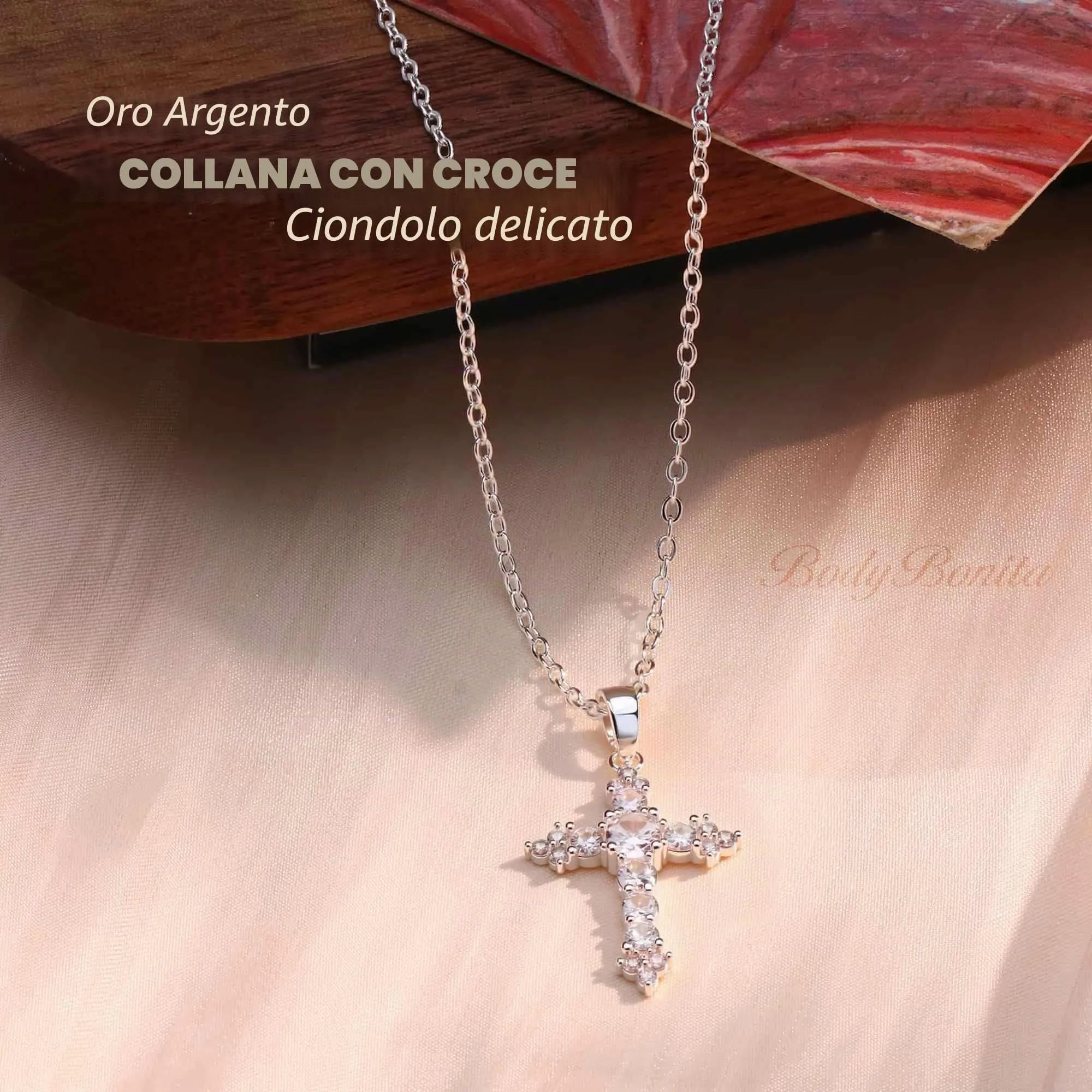 BodyBonita Collana con Croce Donna, Ciondolo Croce Semplice con Zirconia Cubica, Color Argento, Choker con Chiusura a Moschettone in Argento Sterling 925, Gioielli Moda S-C - immagine 2