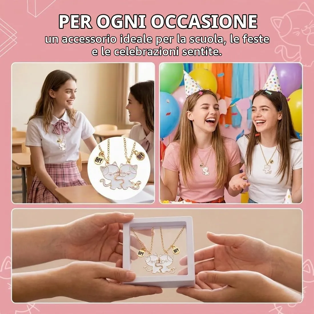 KAHZOR 2 pezzi Collane dell'amicizia BFF,per 2,Con scatola di conservazione,Magnetica con ciondolo a forma di gatto,Include 2 anelli a forma di gatto,Regalo di gioielli per amicizia - immagine 6