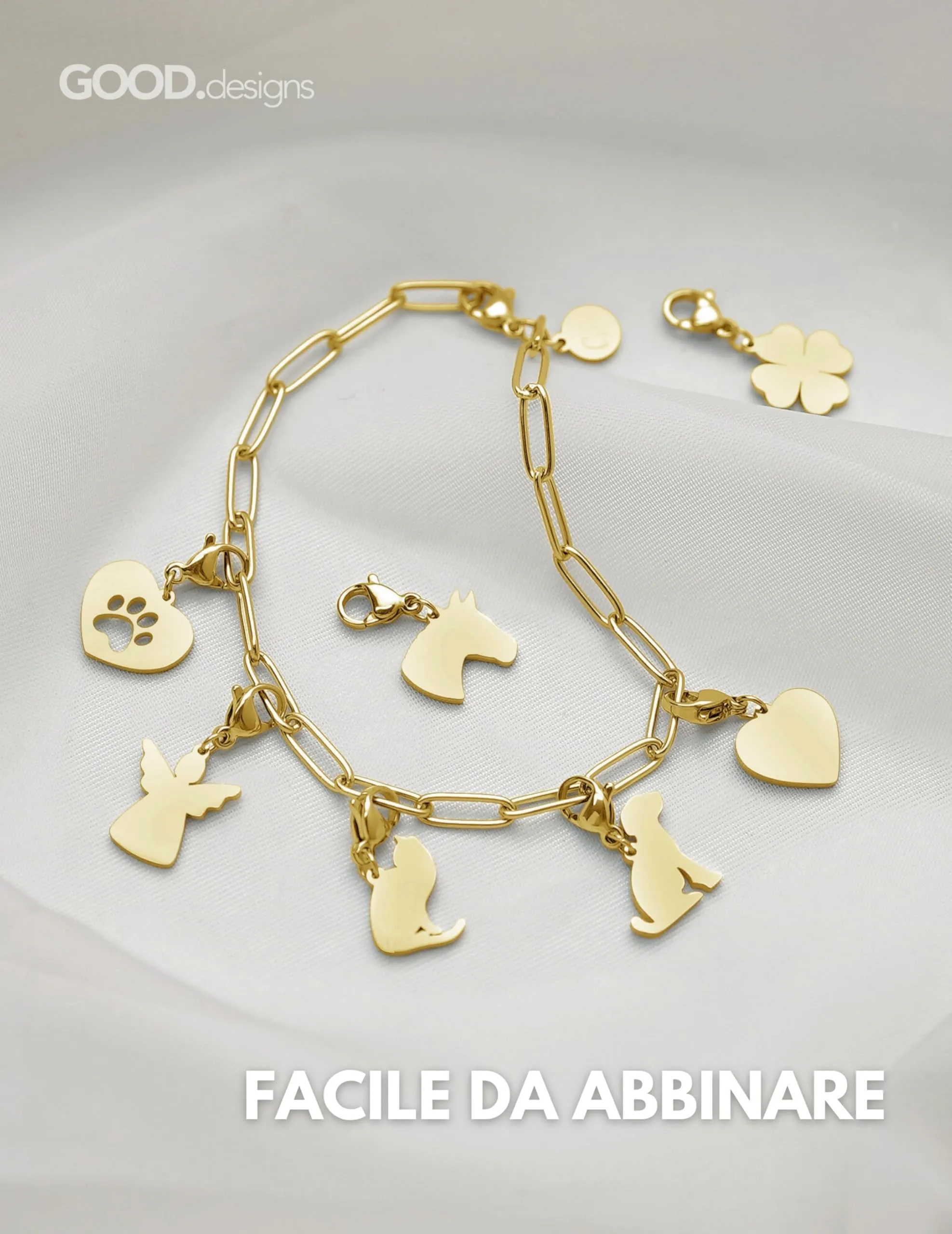 Charms ciondolo cuore 3D con chiusura a moschettone | Ciondolo per collana in acciaio inox 316L | Charm per bracciale, placcato oro 18K | Resistente all'acqua - immagine 3