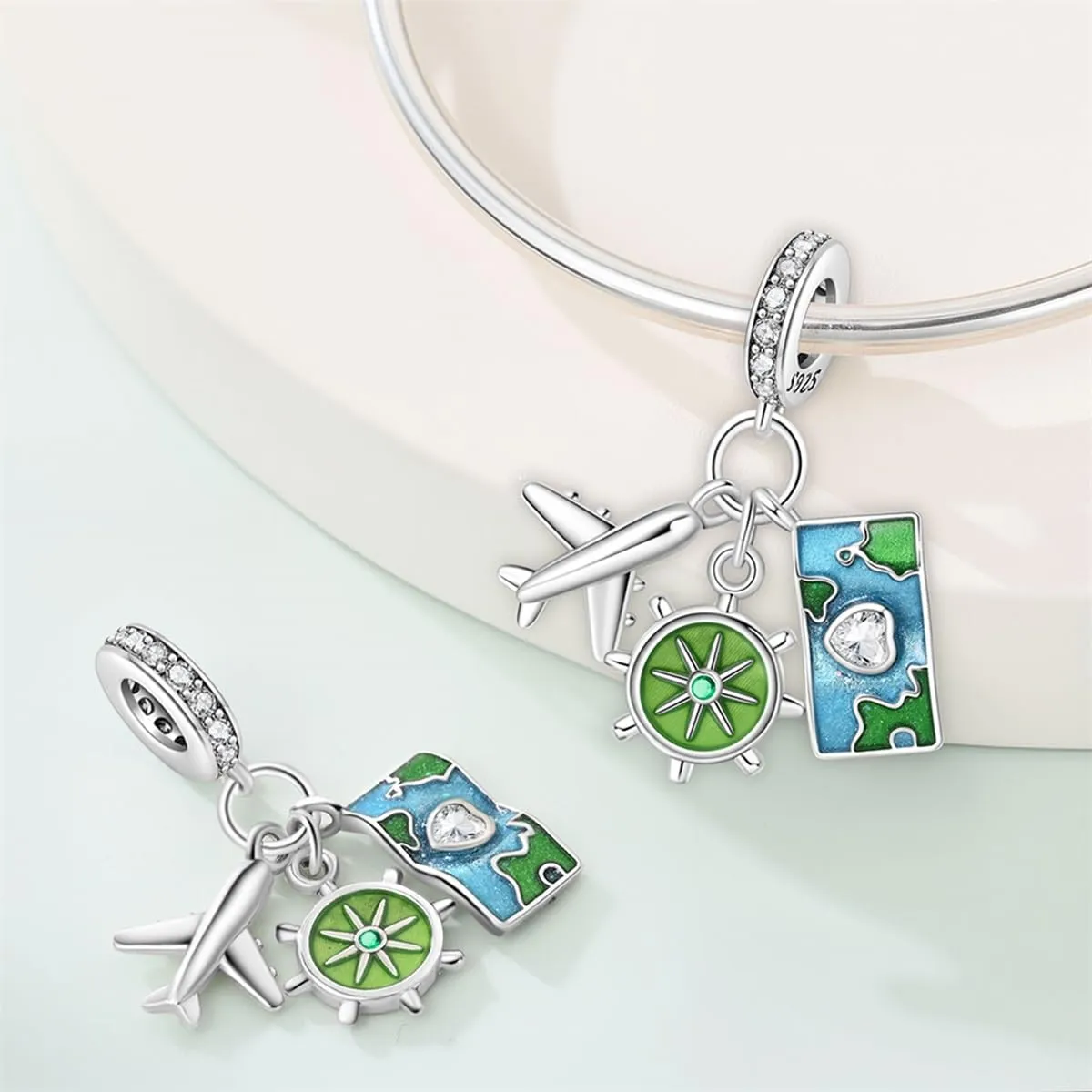 SOUTHPLUS Ciondolo Charms Sterling Silver 925 Collezione Viaggi Aereo Mappa Valigia per Bracciale Europeo Collane Pendente Perfetto Regali per Moglie e Ragazze (Mappa Viaggi) - immagine 4