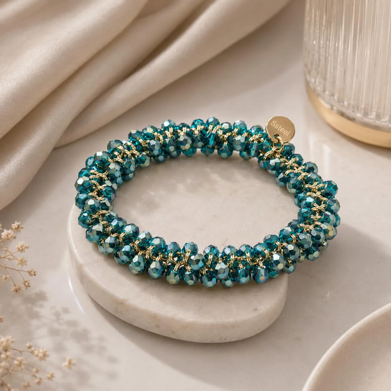 SAGA GIOIELLI® Bracciale donna elastico con cristalli sfaccettati – Bracciale elasticizzato - Confezione Regalo - Idea regalo - Regalo compleanno (VERDE OTTANIO) - immagine 2