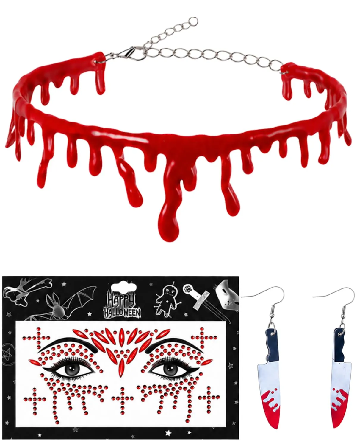 XALFST Collana Vampiro Halloween: 1 Set Completo con Collana, Orecchini, Autocolore Viso | Effetto Goccia di Sangue Realistico | Fissaggio Sicuro per Feste e Cosplay - immagine 1