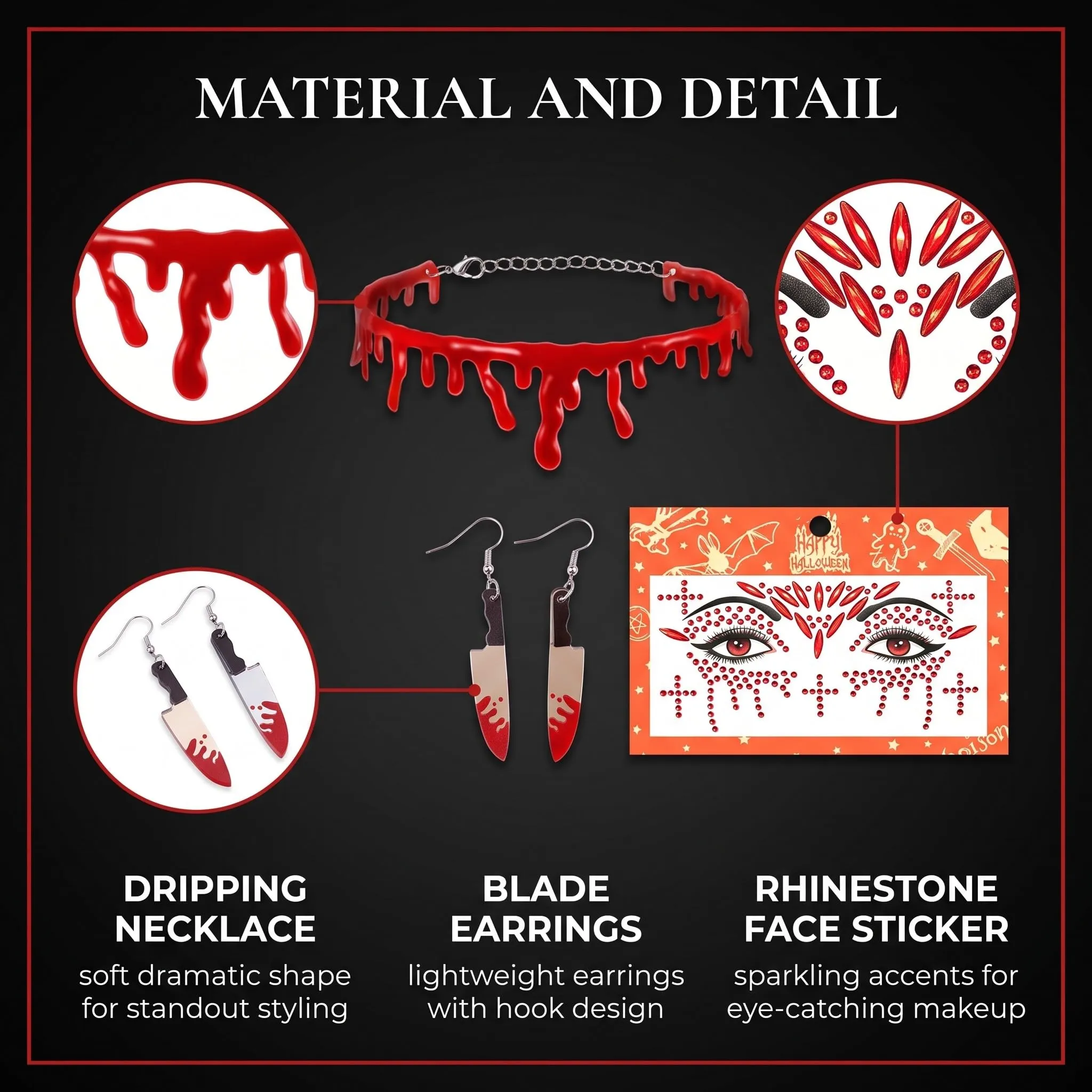 XALFST Collana Vampiro Halloween: 1 Set Completo con Collana, Orecchini, Autocolore Viso | Effetto Goccia di Sangue Realistico | Fissaggio Sicuro per Feste e Cosplay - immagine 3