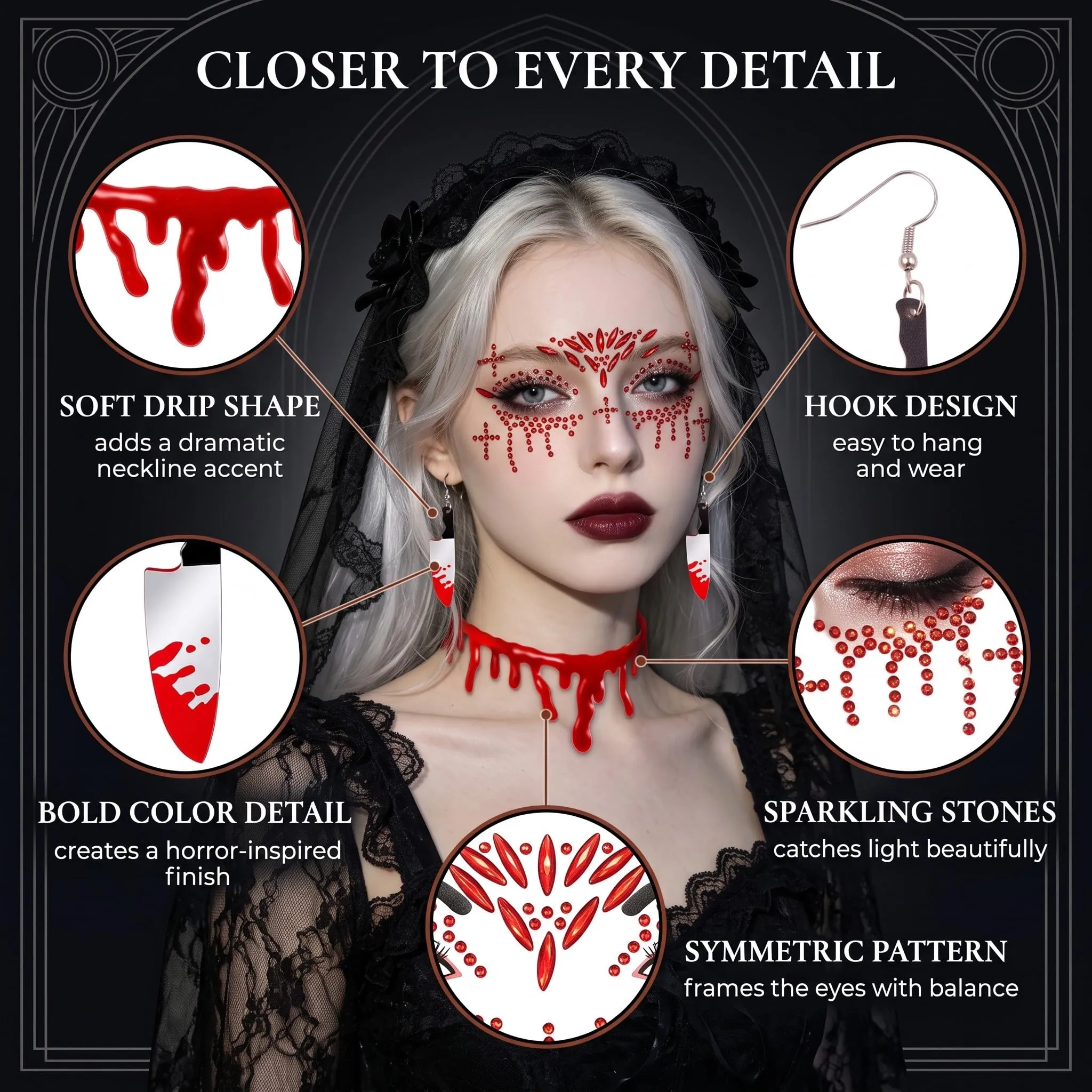XALFST Collana Vampiro Halloween: 1 Set Completo con Collana, Orecchini, Autocolore Viso | Effetto Goccia di Sangue Realistico | Fissaggio Sicuro per Feste e Cosplay - immagine 4