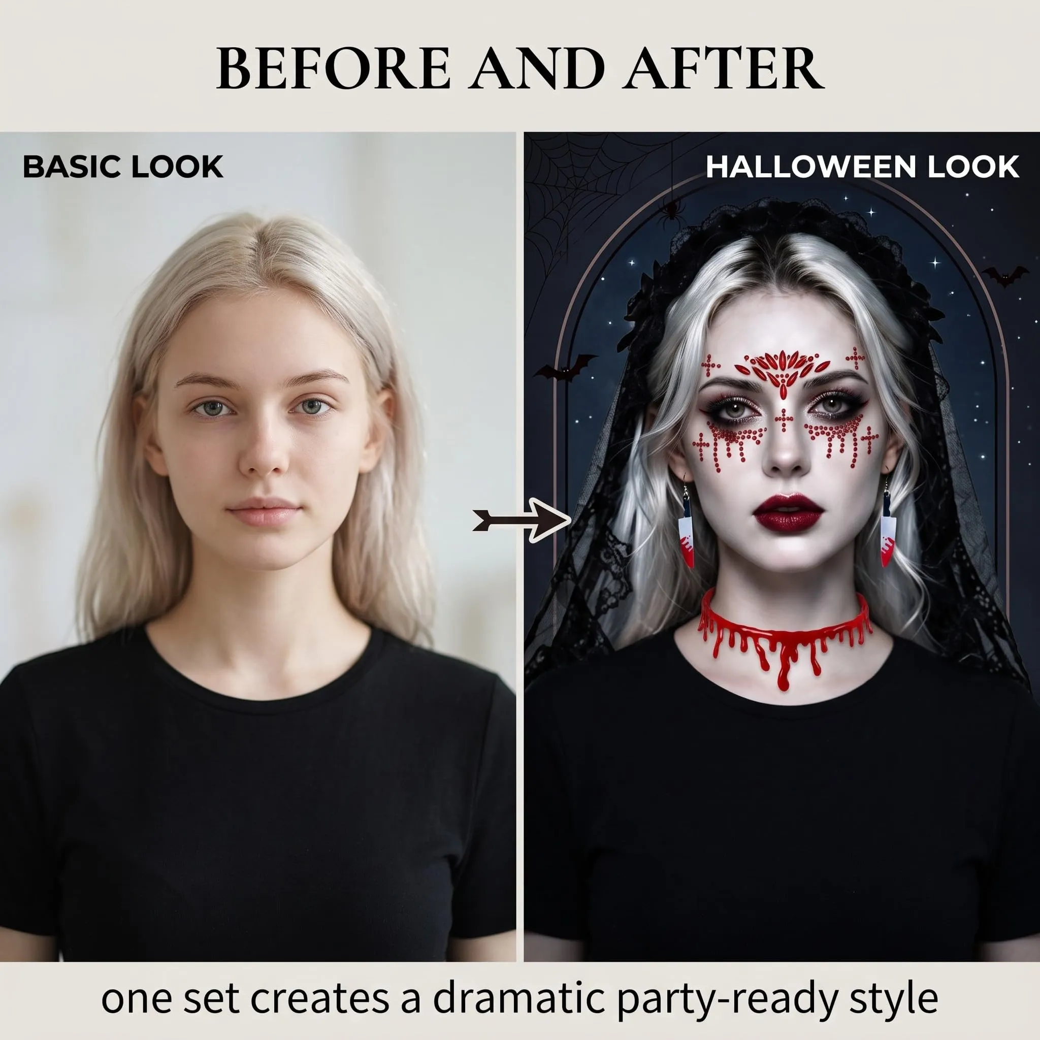 XALFST Collana Vampiro Halloween: 1 Set Completo con Collana, Orecchini, Autocolore Viso | Effetto Goccia di Sangue Realistico | Fissaggio Sicuro per Feste e Cosplay - immagine 5