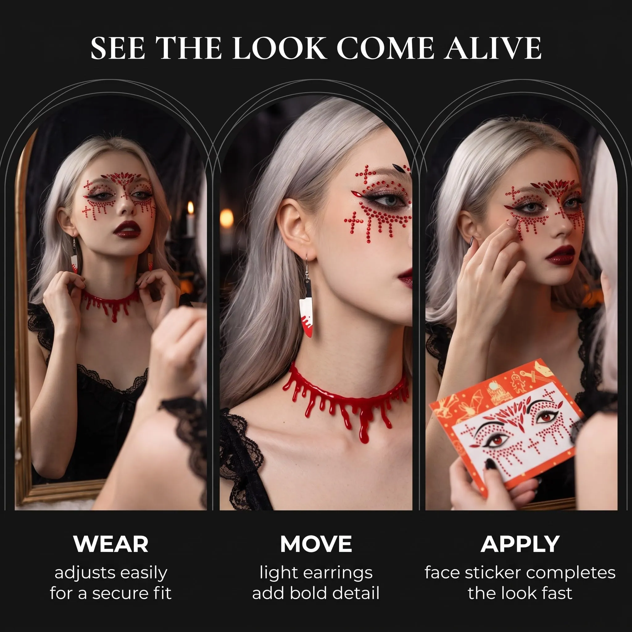 XALFST Collana Vampiro Halloween: 1 Set Completo con Collana, Orecchini, Autocolore Viso | Effetto Goccia di Sangue Realistico | Fissaggio Sicuro per Feste e Cosplay - immagine 6