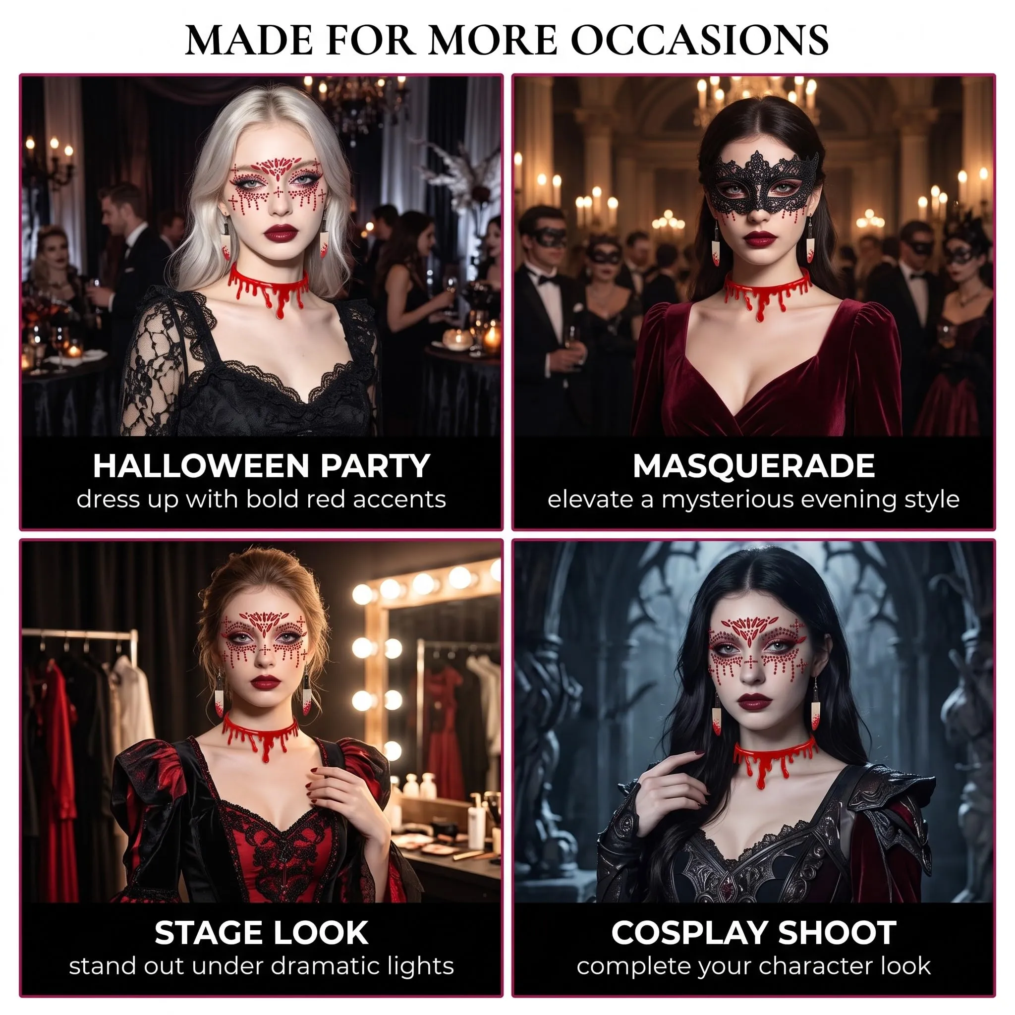 XALFST Collana Vampiro Halloween: 1 Set Completo con Collana, Orecchini, Autocolore Viso | Effetto Goccia di Sangue Realistico | Fissaggio Sicuro per Feste e Cosplay - immagine 7