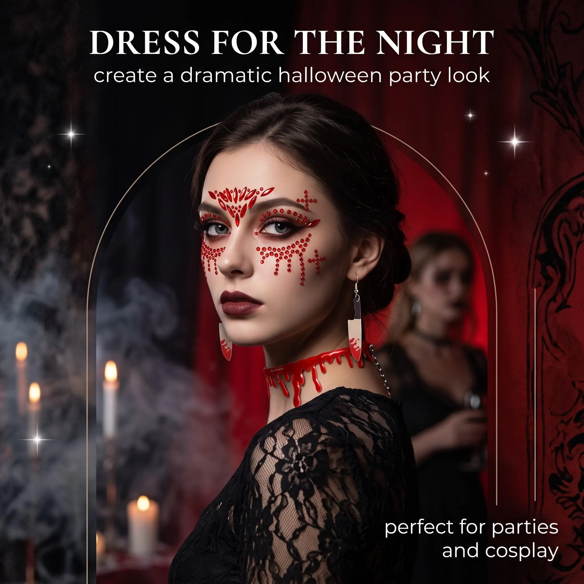 XALFST Collana Vampiro Halloween: 1 Set Completo con Collana, Orecchini, Autocolore Viso | Effetto Goccia di Sangue Realistico | Fissaggio Sicuro per Feste e Cosplay - immagine 8