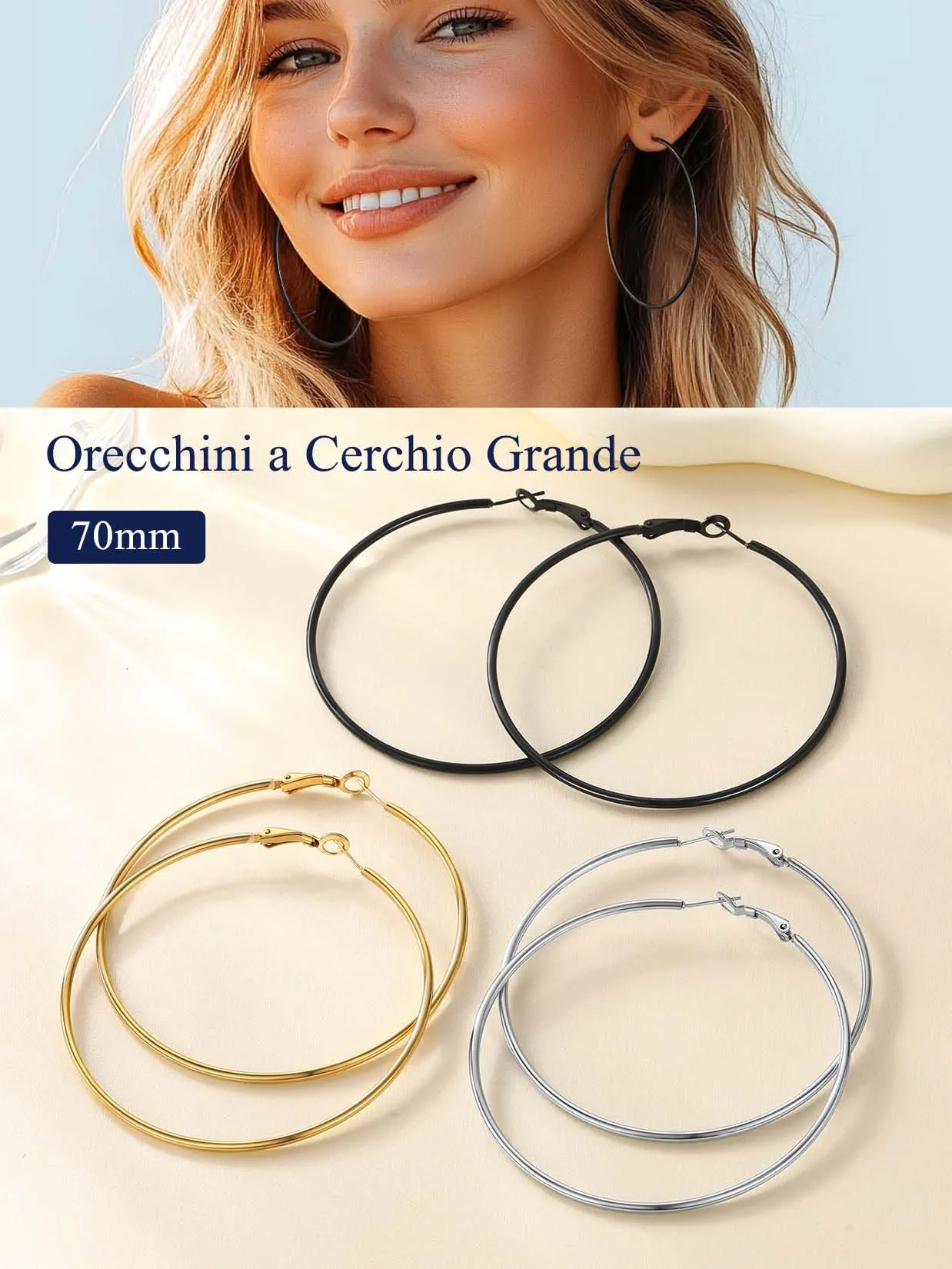 Suplight Orecchini Cerchio Donna Grande 70mm in Acciaio Inossidabile - immagine 3