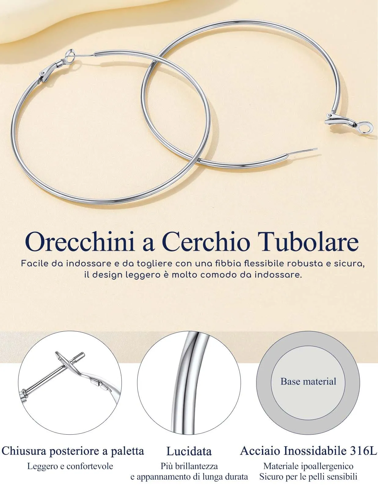 Suplight Orecchini Cerchio Donna Grande 70mm in Acciaio Inossidabile - immagine 5
