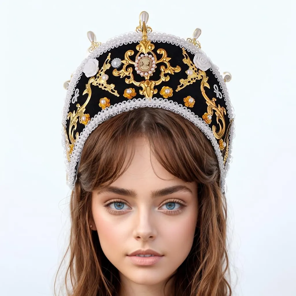 GRACEART - Copricapo Elisabettano con Cappello di Anna Bolena, Copricapo Tudor, Corona Hood (Stile-8) - immagine 4
