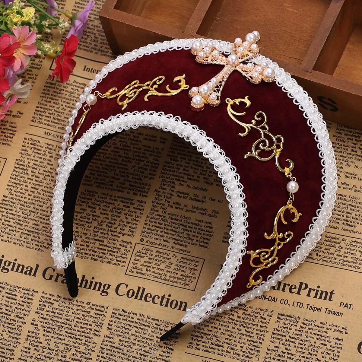 GRACEART Anne Boleyn Hat Copricapo elisabettiano Copricapo Tudor Coronet Hood Hat - immagine 6
