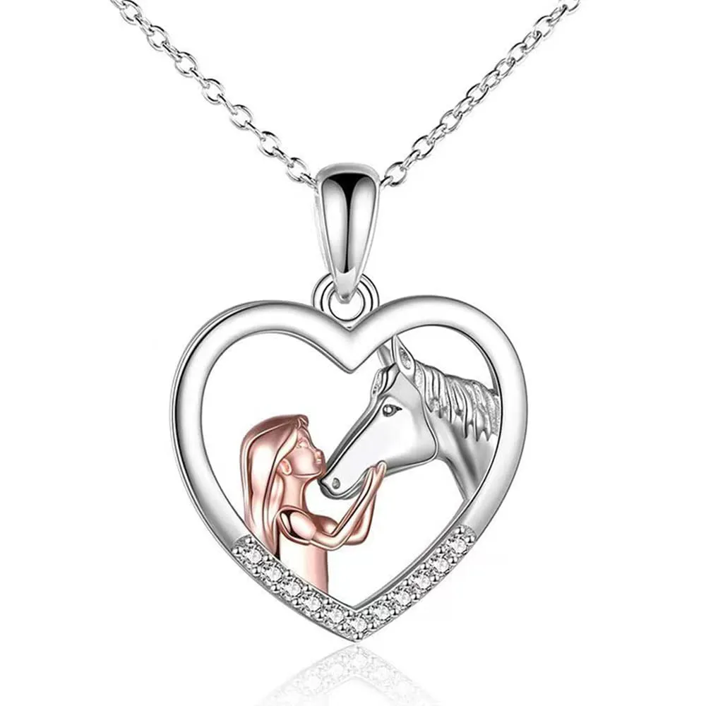 TOFBS Collana Ragazza e Cavallo Collana Pendente Cuore in Argento Collana Gioielli per Cavalli Regali per Donna Ragazze (# 1* Cavallo Argento) - immagine 1