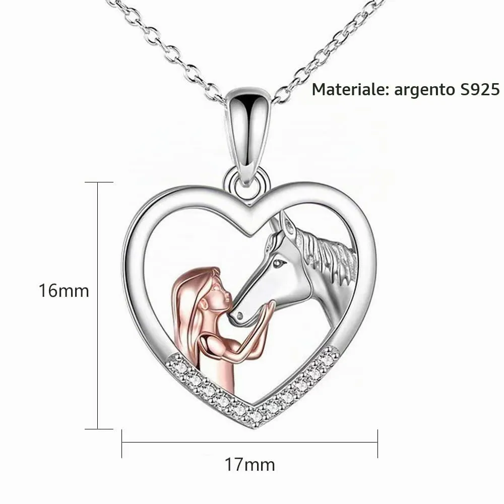 TOFBS Collana Ragazza e Cavallo Collana Pendente Cuore in Argento Collana Gioielli per Cavalli Regali per Donna Ragazze (# 1* Cavallo Argento) - immagine 4