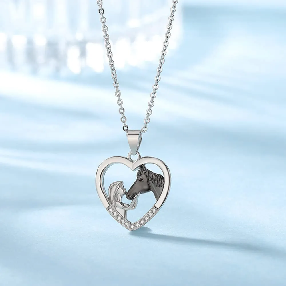 TOFBS Collana Ragazza e Cavallo Collana Pendente Cuore in Argento Collana Gioielli per Cavalli Regali per Donna Ragazze (# 1* Cavallo Nero) - immagine 2
