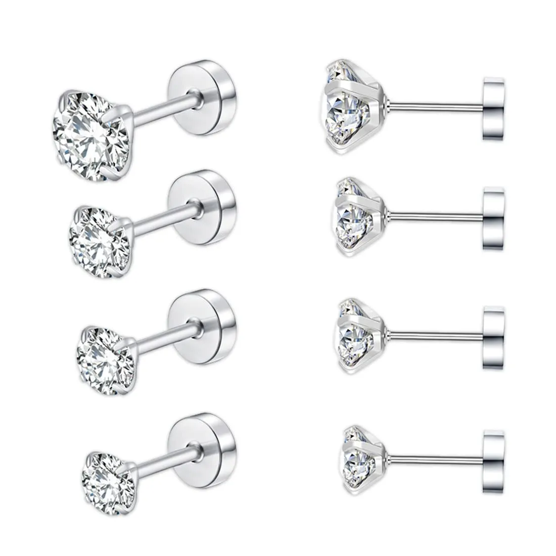 Orecchini Uomo Donna con Zirconia Cubica,4 Paia di Set Orecchini a Bottone in Acciaio al Titanio Anallergici Argento Orecchino per Donna Uomo Ragazza Gioielli Set, 2/3/4/5 mm - immagine 1
