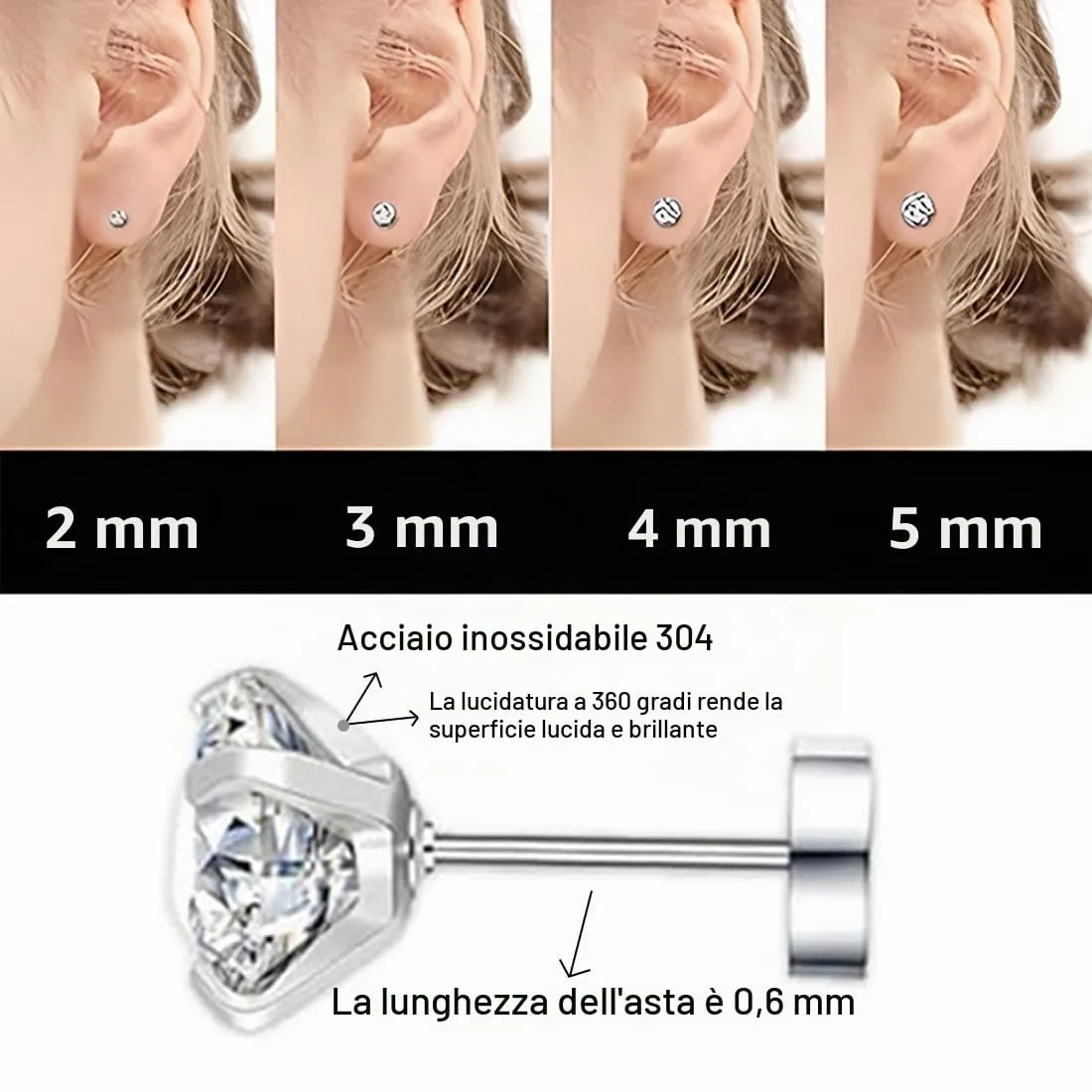 Orecchini Uomo Donna con Zirconia Cubica,4 Paia di Set Orecchini a Bottone in Acciaio al Titanio Anallergici Argento Orecchino per Donna Uomo Ragazza Gioielli Set, 2/3/4/5 mm - immagine 3