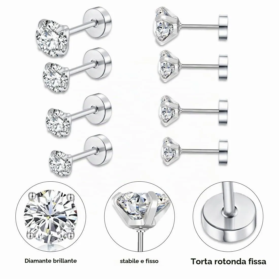 Orecchini Uomo Donna con Zirconia Cubica,4 Paia di Set Orecchini a Bottone in Acciaio al Titanio Anallergici Argento Orecchino per Donna Uomo Ragazza Gioielli Set, 2/3/4/5 mm - immagine 4